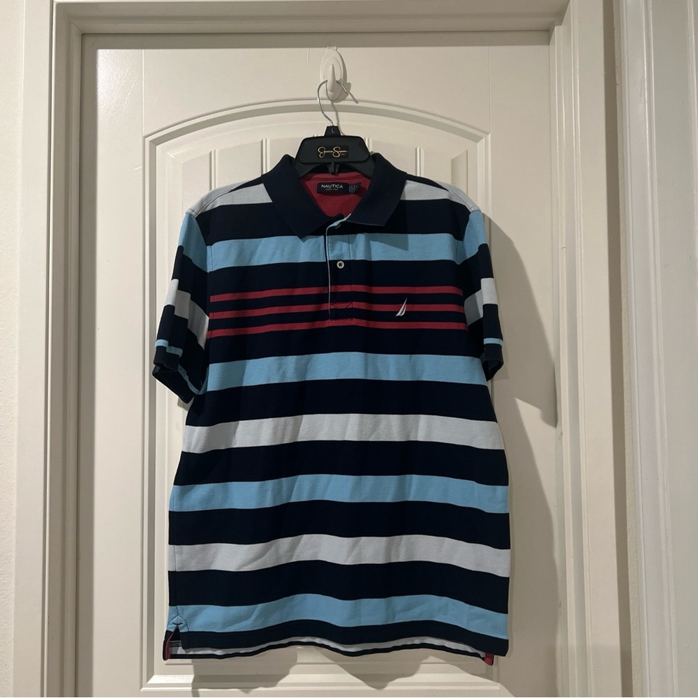 Nautica Blue/Red Striped Short Sleeve Polo Shirt Men's Large